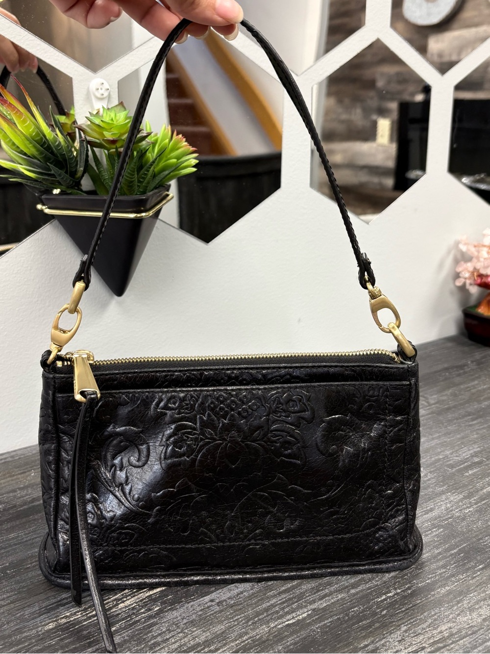HOBO Black Embossed Leather Shoulder Bag with Gold Hardware